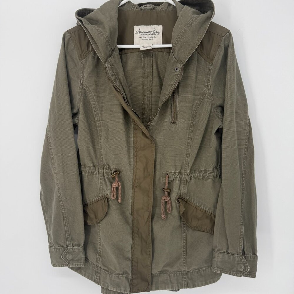 American Rag Cie Utility Jacket Hooded Army Green Zip &‎ Button Grunge Womans M